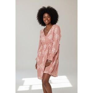 Altard State Dusty  Rose Floral Embroidered Ruffle V Neck Mini Dress Long Sleeve
